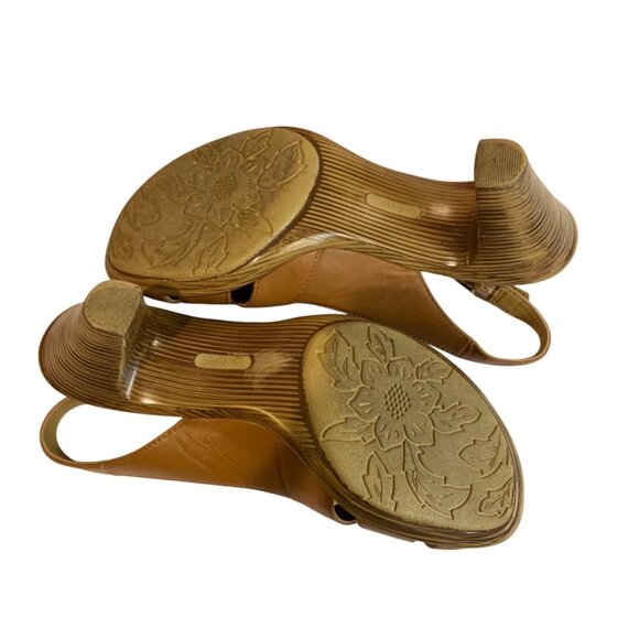 Sandals Heels Leather Slingback 3” Wedge Block Style Women’s Size 7.5W Brown - Picture 6 of 9